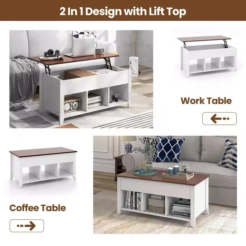 Lift Top Coffee Table with Hidden Compartment and Storage Shelves, Modern Furniture, White