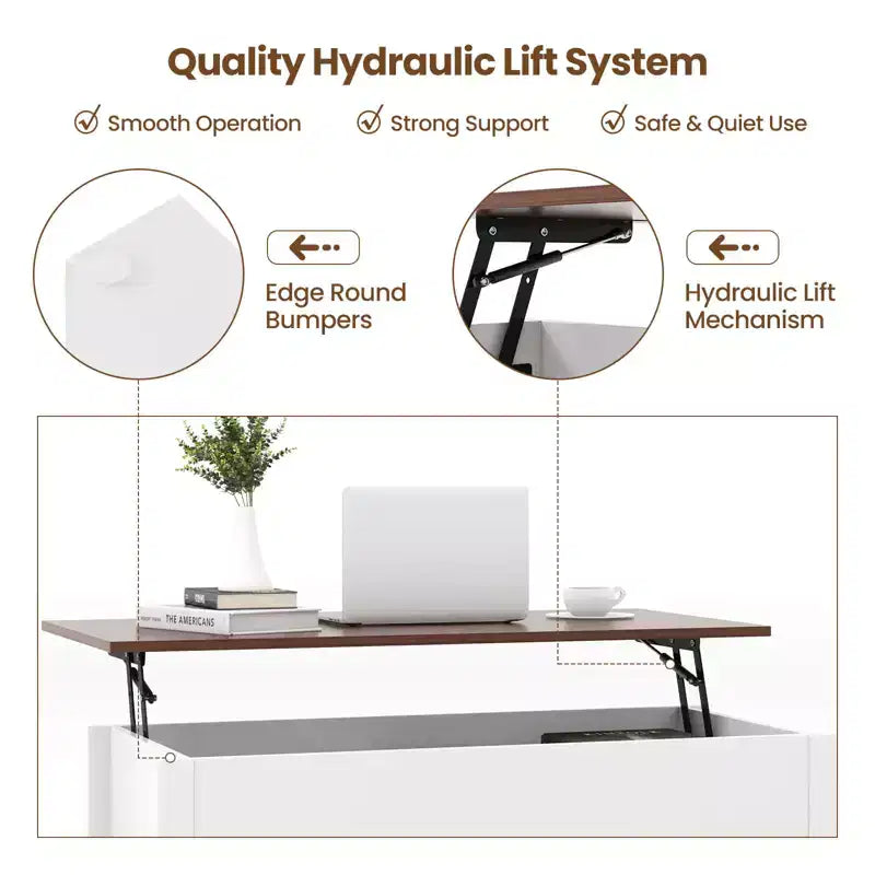 Lift Top Coffee Table with Hidden Compartment and Storage Shelves, Modern Furniture, White