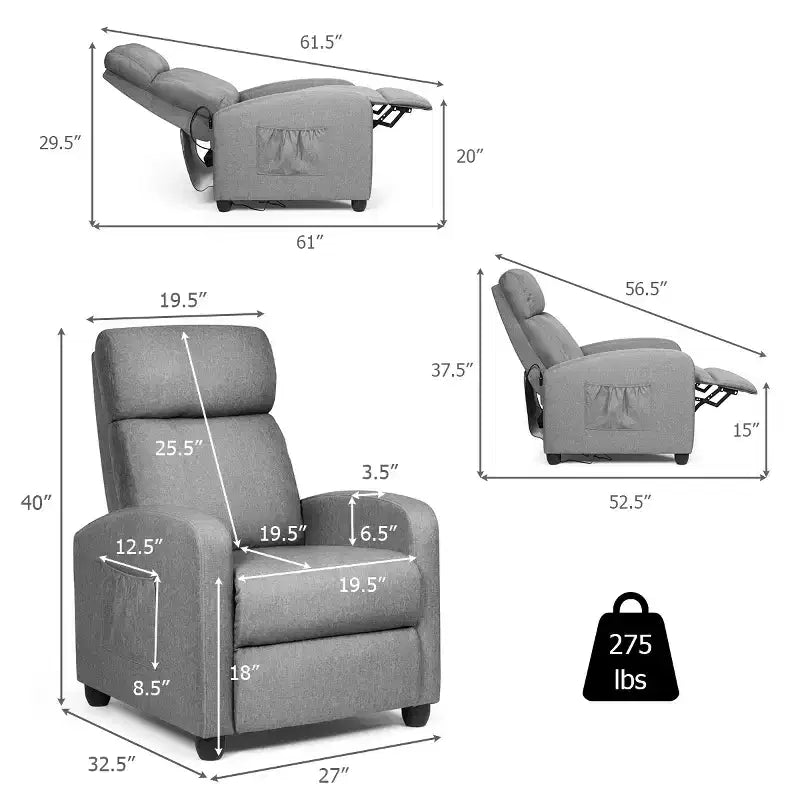 Recliner Massage Chair, Ergonomic Adjustable Single Sofa with Padded Seat – Black/Brown/Gray
