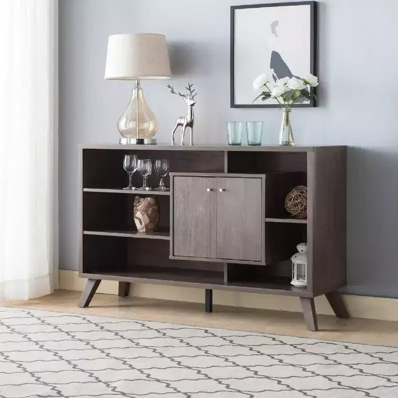 Multi-Tier Buffet Server with Storage, 5 Shelves and 2 Cabinet Doors, Natural Wood Finish