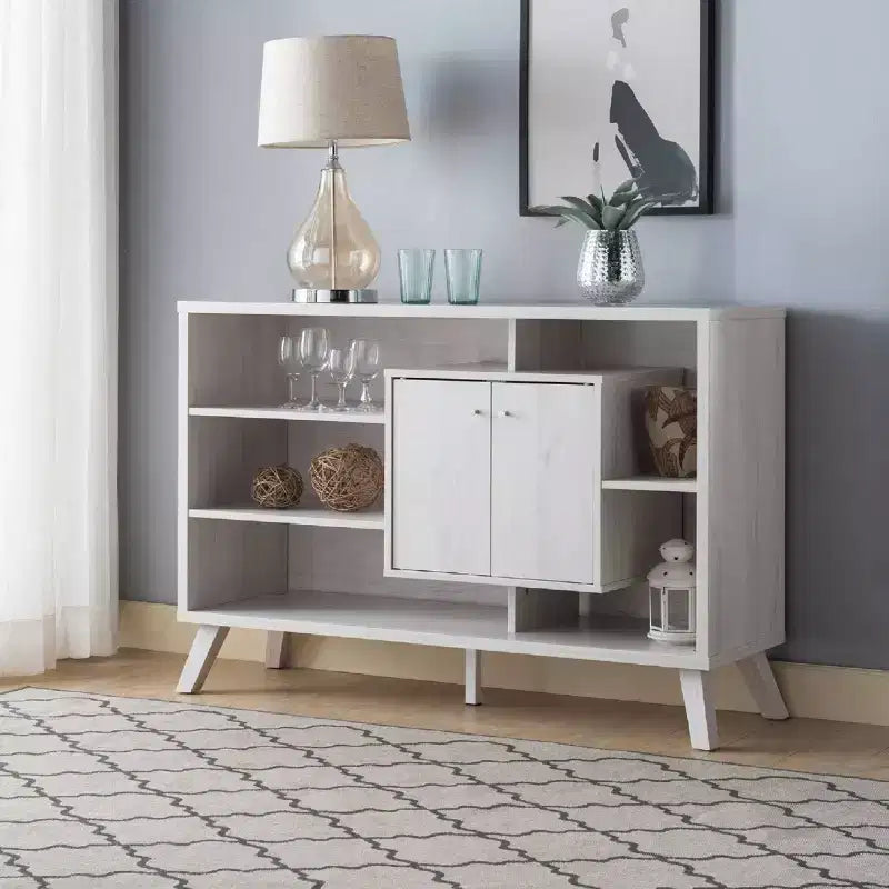 Multi-Tier Buffet Server with Storage, 5 Shelves and 2 Cabinet Doors, Natural Wood Finish